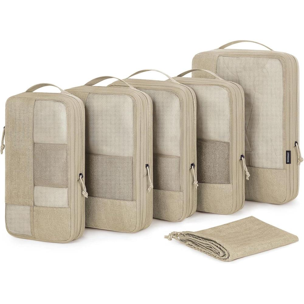 image:imageBAGSMART Compression Packing Cubes for Travel 6 Set Packing Cubes for Carry on Suitcases Compression Travel Cubes amp Suitcase Organizer for Packing with Shoe Bag Grey02Khaki