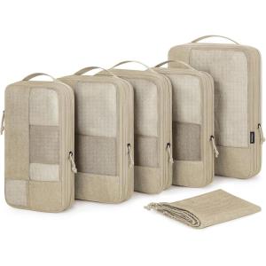 BAGSMART Compression Packing Cubes for Travel, 6 Set Packing Cubes for Carry on Suitcases, Compression Travel Cubes & Suitcase Organizer for Packing with Shoe Bag Grey(02-Khaki)
