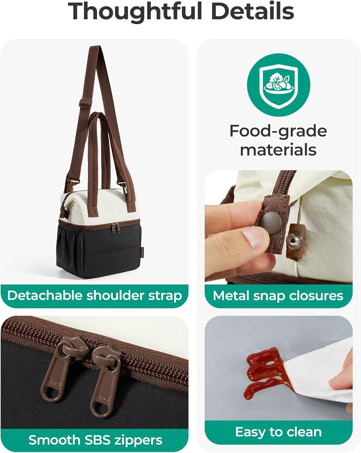 image:imageBAGSMART Double Deck Lunch Bag Women Insulated Reusable Lunch Box Quilted Puffer Lunch Tote with Shoulder Strap Durable Large Lunch Cooler For Work Picnic Travel Meal Prep Flight Beige BlackBlack