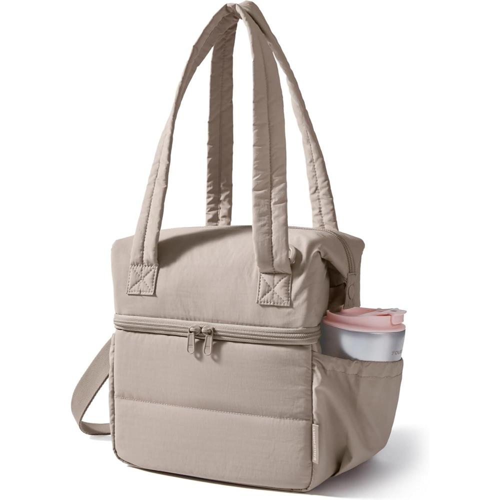 image:imageBAGSMART Double Deck Lunch Bag Women Insulated Reusable Lunch Box Quilted Puffer Lunch Tote with Shoulder Strap Durable Large Lunch Cooler For Work Picnic Travel Meal Prep Flight Beige  BlackCamel
