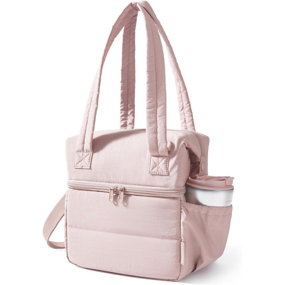 image:imageBAGSMART Double Deck Lunch Bag Women Insulated Reusable Lunch Box Quilted Puffer Lunch Tote with Shoulder Strap Durable Large Lunch Cooler For Work Picnic Travel Meal Prep Flight Beige  BlackPink