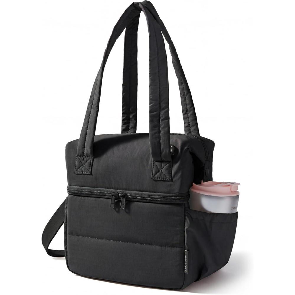 image:imageBAGSMART Double Deck Lunch Bag Women Insulated Reusable Lunch Box Quilted Puffer Lunch Tote with Shoulder Strap Durable Large Lunch Cooler For Work Picnic Travel Meal Prep Flight Beige  BlackBlack