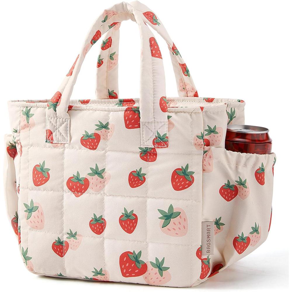 image:imageBAGSMART Lunch Bag for Women Small Cute Cherry Quilted Lunch Box Insulated Lightweight Leakproof Durable amp Reusable Tote Bag for Work Travel Outdoor PicnicStrawberry