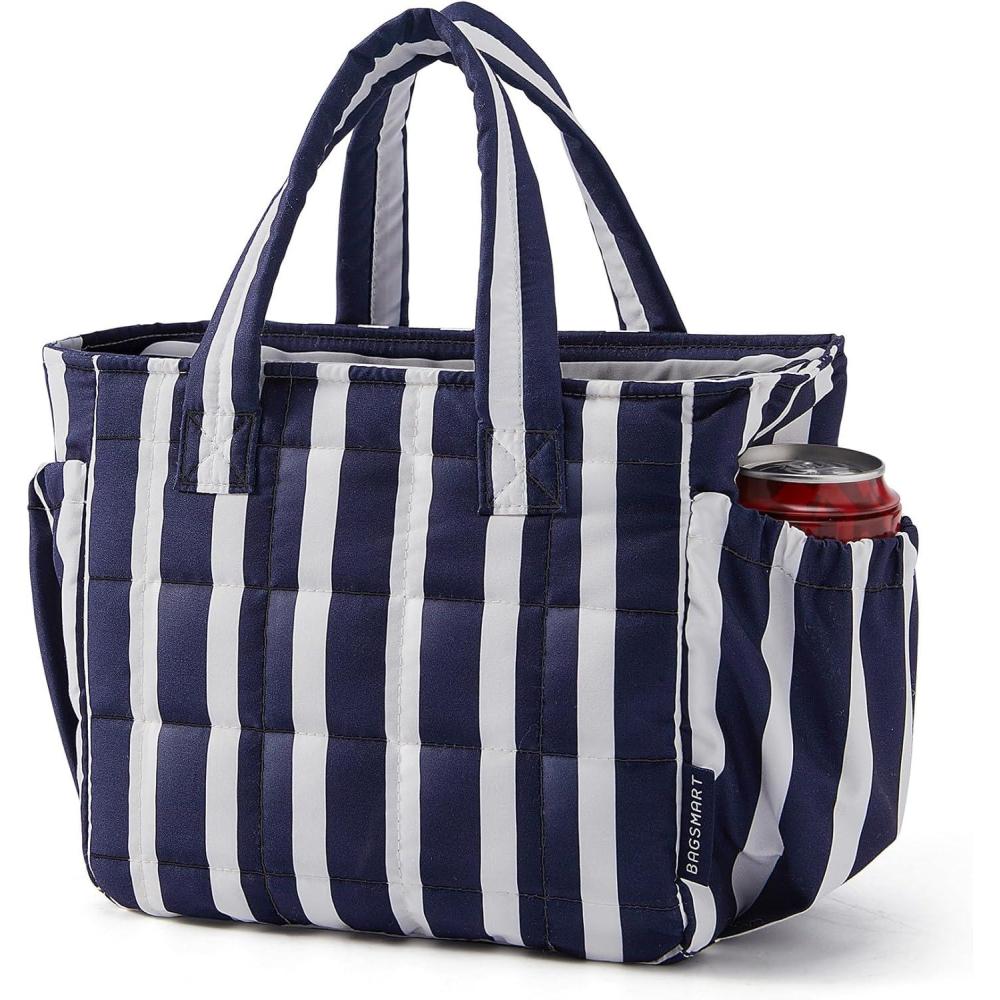 image:imageBAGSMART Lunch Bag for Women Small Cute Cherry Quilted Lunch Box Insulated Lightweight Leakproof Durable amp Reusable Tote Bag for Work Travel Outdoor PicnicBlue Striped