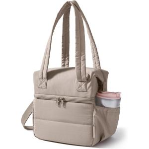 BAGSMART Double Deck Lunch Bag Women, Insulated Reusable Lunch Box, Quilted Puffer Lunch Tote with Shoulder Strap, Durable Large Lunch Cooler For Work Picnic Travel Meal Prep Flight, Beige + Black(Camel)