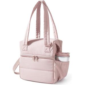BAGSMART Double Deck Lunch Bag Women, Insulated Reusable Lunch Box, Quilted Puffer Lunch Tote with Shoulder Strap, Durable Large Lunch Cooler For Work Picnic Travel Meal Prep Flight, Beige + Black(Pink)