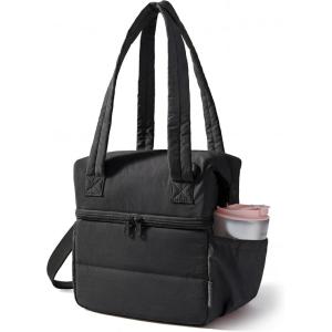 BAGSMART Double Deck Lunch Bag Women, Insulated Reusable Lunch Box, Quilted Puffer Lunch Tote with Shoulder Strap, Durable Large Lunch Cooler For Work Picnic Travel Meal Prep Flight, Beige + Black(Black)