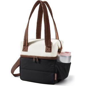 BAGSMART Double Deck Lunch Bag Women, Insulated Reusable Lunch Box, Quilted Puffer Lunch Tote with Shoulder Strap, Durable Large Lunch Cooler For Work Picnic Travel Meal Prep Flight, Beige + Black(Beige + Black)