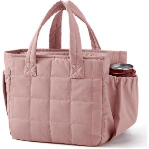 BAGSMART Lunch Bag for Women Small Cute Cherry Quilted Lunch Box Insulated Lightweight, Leakproof, Durable & Reusable Tote Bag for Work, Travel, Outdoor, Picnic(Nude Pink)