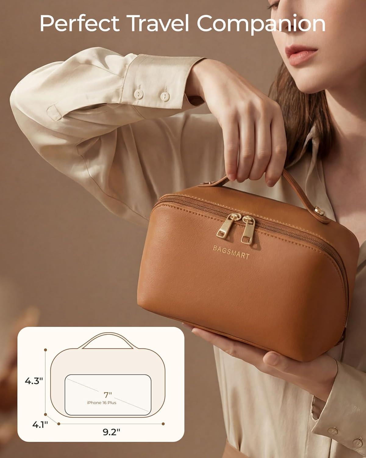 image:imageBAGSMART Makeup Bag Travel Cosmetic Bag Large Make Up Bag Flat Open Toiletry Bag for Women PU Leather Travel Essentials Organizer Case Wideopen Pouch Purse for Skincare Brushes Classic Brown21 Vintage Denim Blue