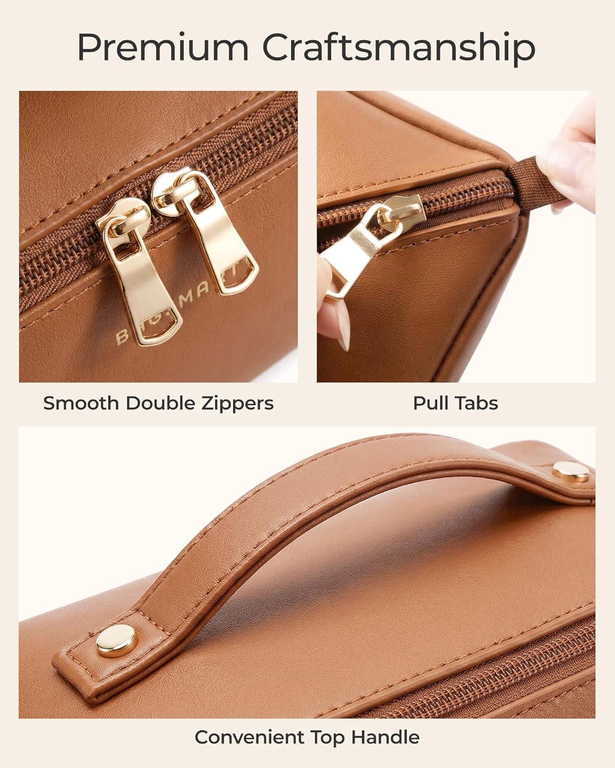 image:imageBAGSMART Makeup Bag Travel Cosmetic Bag Large Make Up Bag Flat Open Toiletry Bag for Women PU Leather Travel Essentials Organizer Case Wideopen Pouch Purse for Skincare Brushes Classic Brown03 Pink
