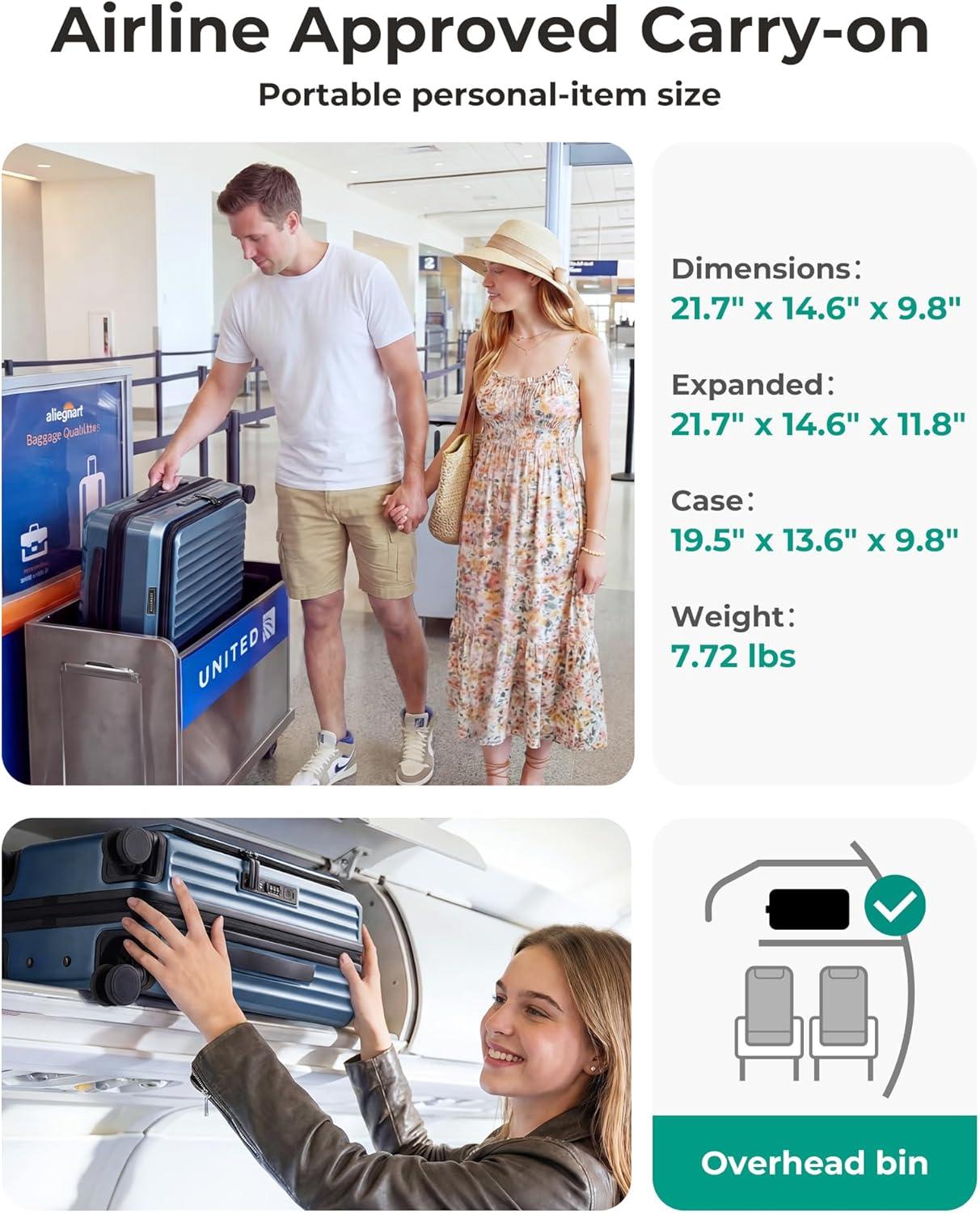 image:imageBAGSMART Top Opening Carry On Luggage 22x14x9 Airline Approved with TSA Lock Expandable 20 Inch Deep Compartment Hard Shell Suitcases with Double Spinner Wheels BluePurple