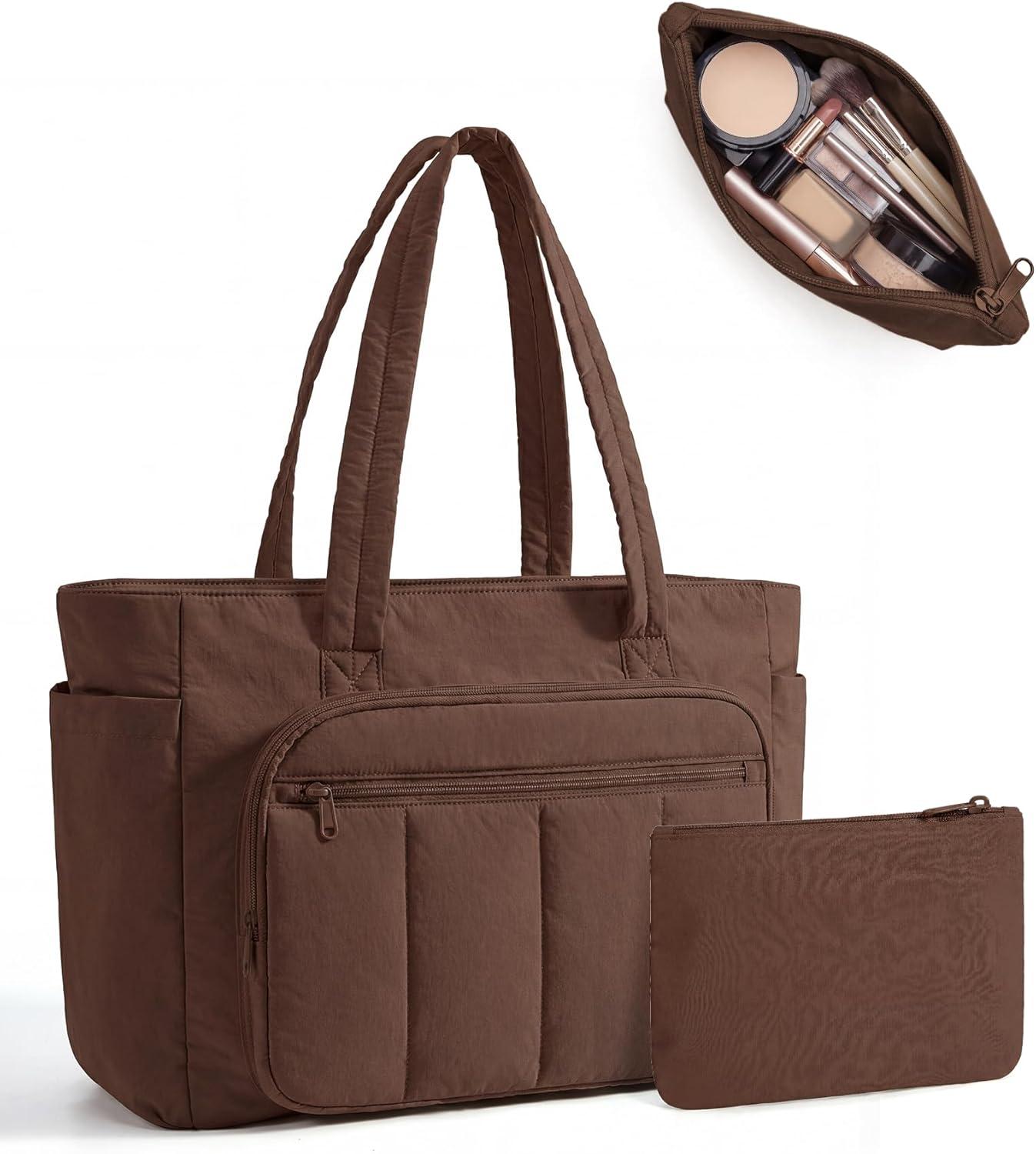 image:imageBAGSMART Tote Bag for Women 2 Set Puffer Tote Bag with Zipper Quilted Nurse Handbags for Work Travel College 20L Capacity 156 Laptop Bag with Cosmetic Bag Carry on Bag Nurse Gym BagChocolate