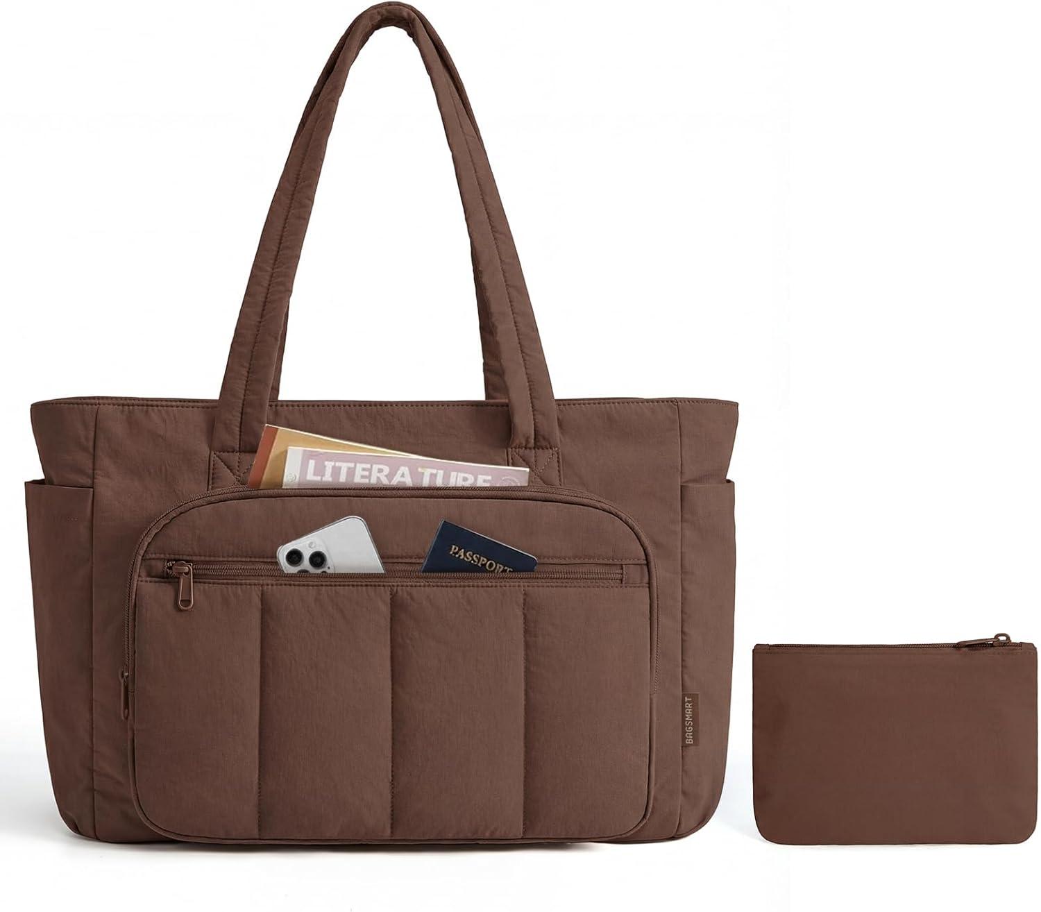 image:imageBAGSMART Tote Bag for Women 2 Set Puffer Tote Bag with Zipper Quilted Nurse Handbags for Work Travel College 20L Capacity 156 Laptop Bag with Cosmetic Bag Carry on Bag Nurse Gym BagChocolate