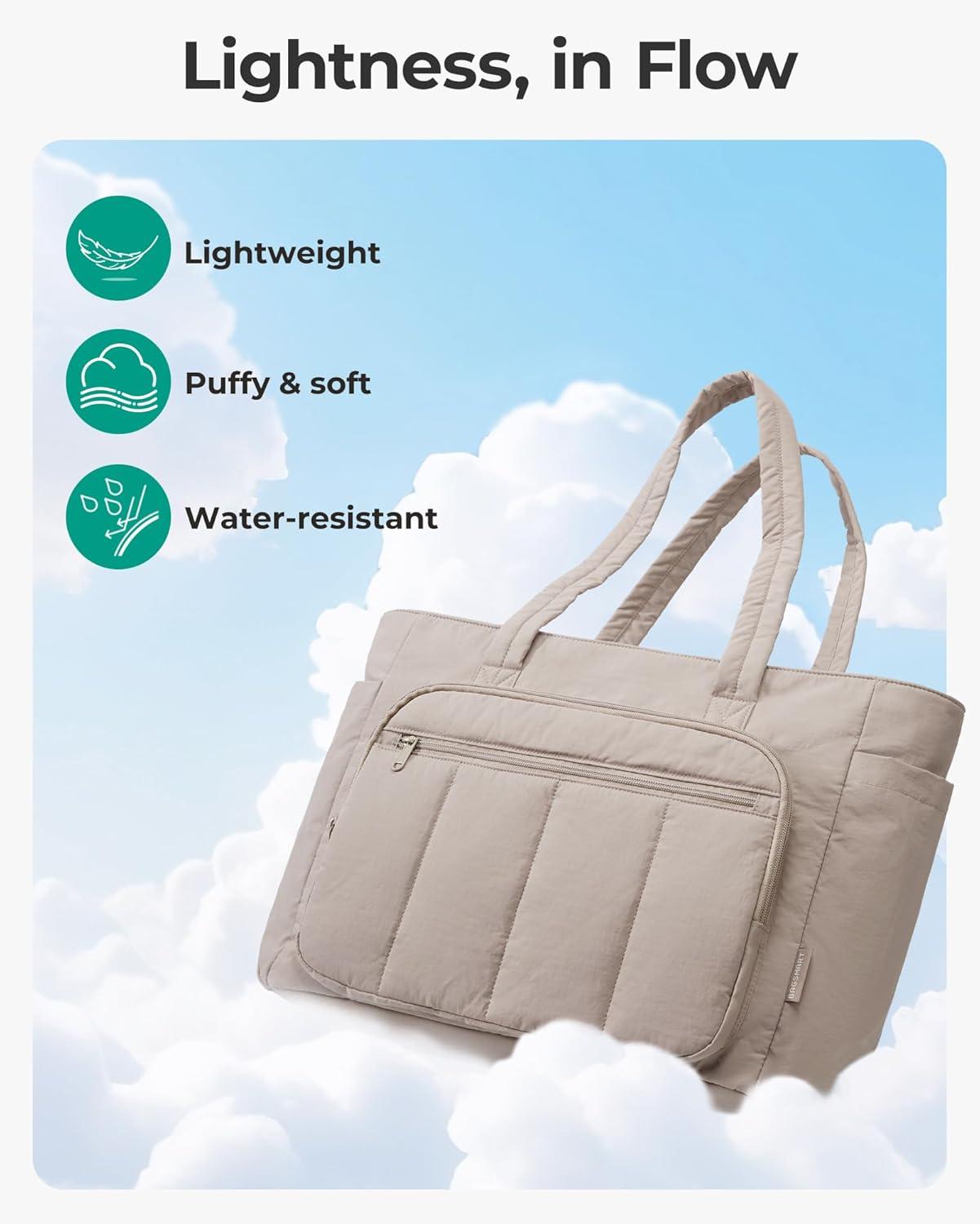 image:imageBAGSMART Tote Bag for Women 2 Set Puffer Tote Bag with Zipper Quilted Nurse Handbags for Work Travel College 20L Capacity 156 Laptop Bag with Cosmetic Bag Carry on Bag Nurse Gym BagPink