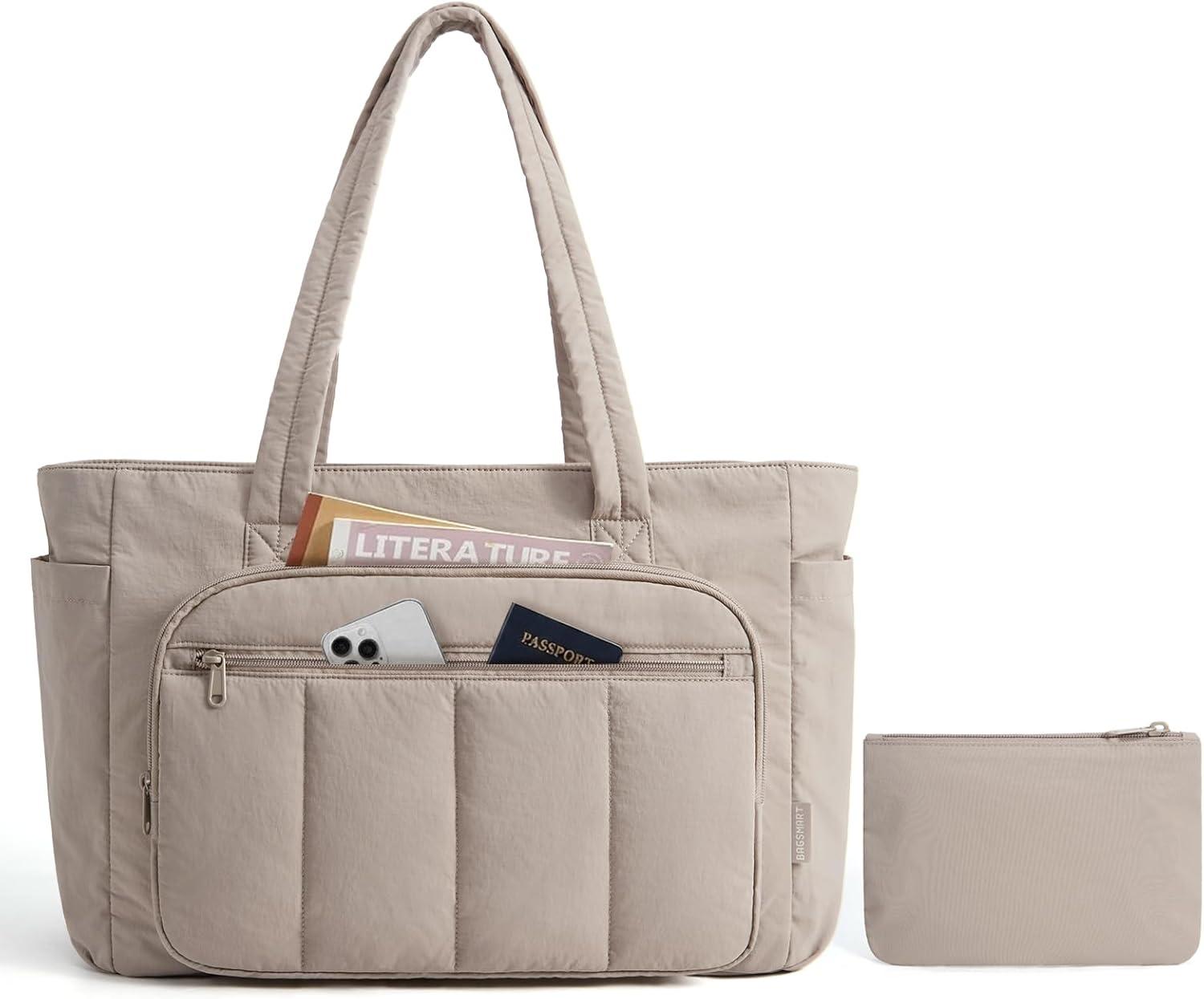 image:imageBAGSMART Tote Bag for Women 2 Set Puffer Tote Bag with Zipper Quilted Nurse Handbags for Work Travel College 20L Capacity 156 Laptop Bag with Cosmetic Bag Carry on Bag Nurse Gym BagCamel