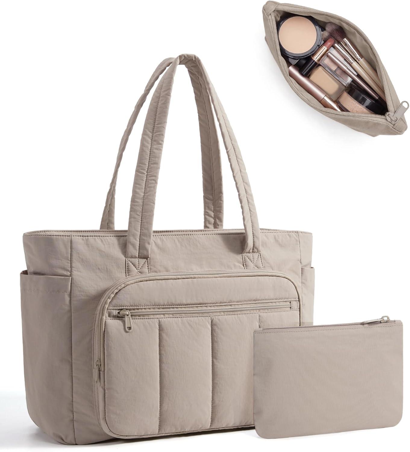 image:imageBAGSMART Tote Bag for Women 2 Set Puffer Tote Bag with Zipper Quilted Nurse Handbags for Work Travel College 20L Capacity 156 Laptop Bag with Cosmetic Bag Carry on Bag Nurse Gym BagCamel