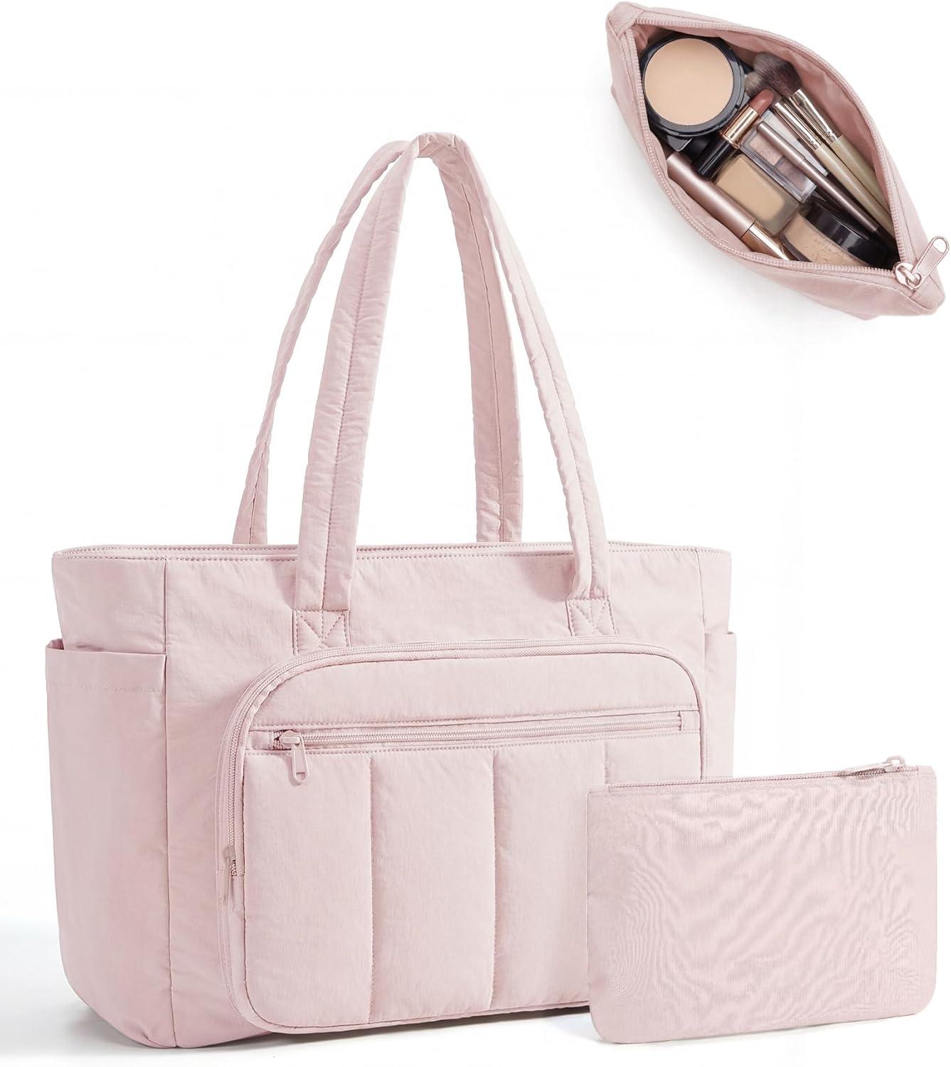 image:imageBAGSMART Tote Bag for Women 2 Set Puffer Tote Bag with Zipper Quilted Nurse Handbags for Work Travel College 20L Capacity 156 Laptop Bag with Cosmetic Bag Carry on Bag Nurse Gym BagPink