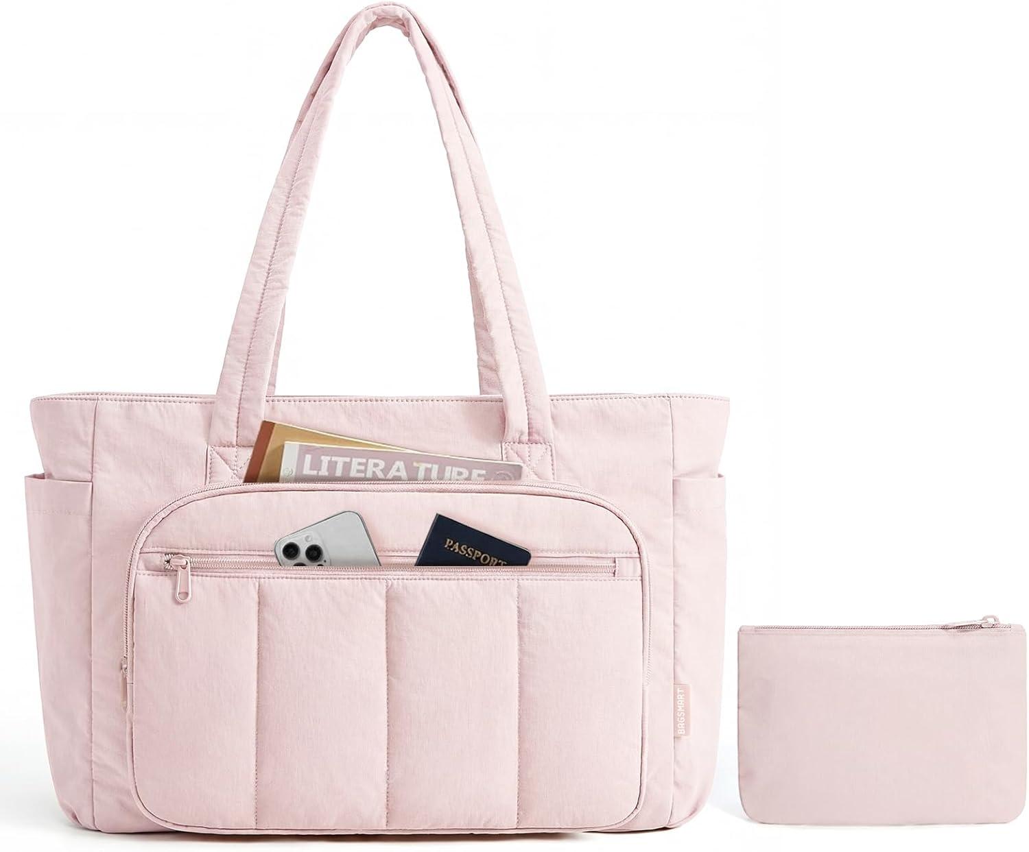 image:imageBAGSMART Tote Bag for Women 2 Set Puffer Tote Bag with Zipper Quilted Nurse Handbags for Work Travel College 20L Capacity 156 Laptop Bag with Cosmetic Bag Carry on Bag Nurse Gym BagPink