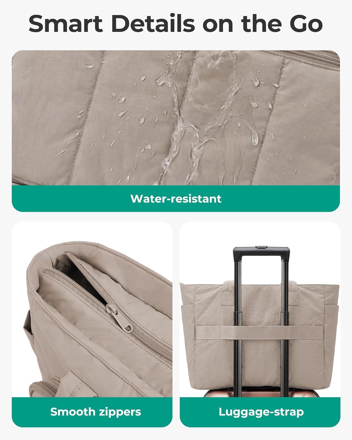 image:imageBAGSMART Tote Bag for Women 2 Set Puffer Tote Bag with Zipper Quilted Nurse Handbags for Work Travel College 20L Capacity 156 Laptop Bag with Cosmetic Bag Carry on Bag Nurse Gym BagCamel