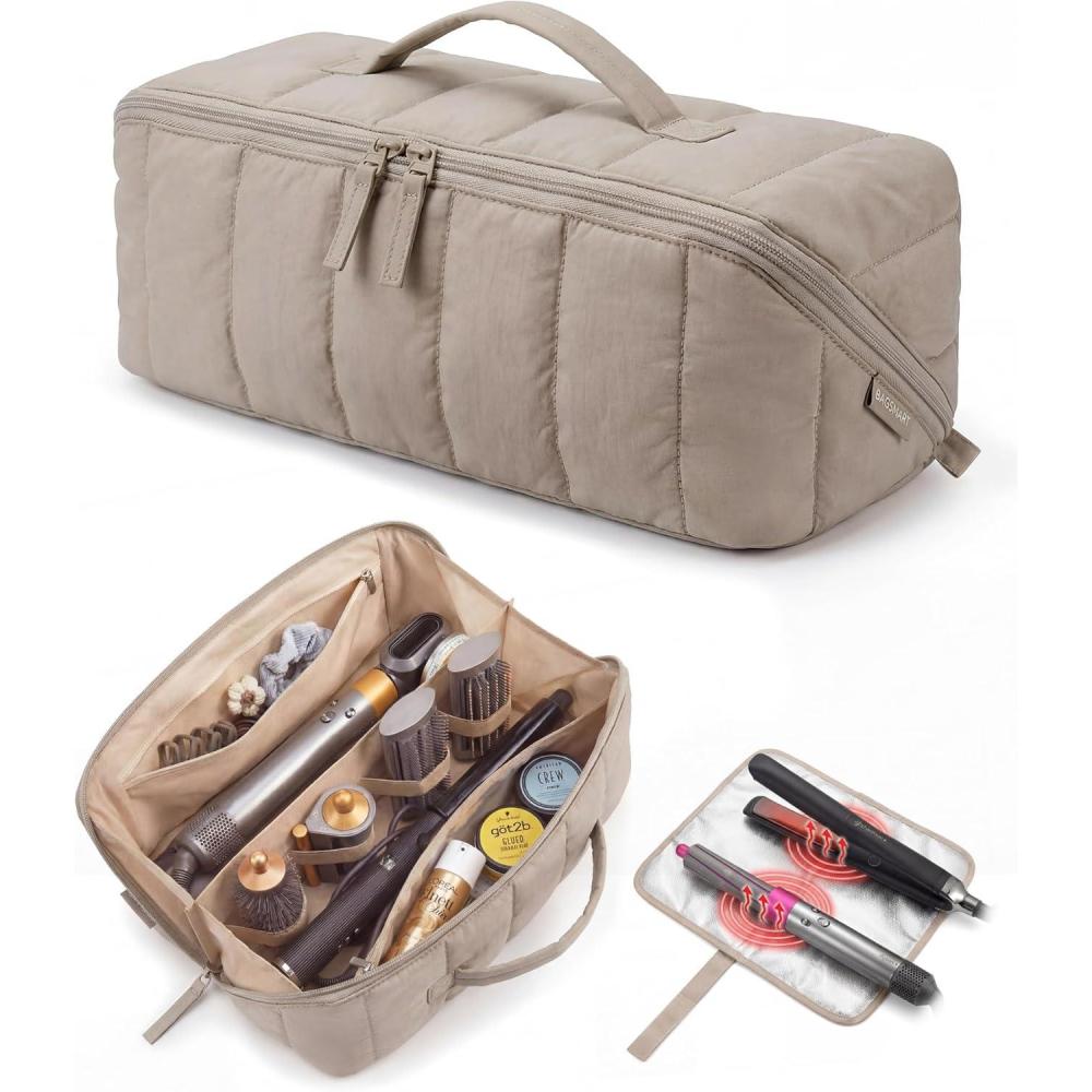 image:imageBAGSMART Hair Tool Organizer Travel Bag Compatible with Dyson Airwrap Shark Hair Dryer Wideopen Accessories Organizer with Heat Resistant Mat Makeup Bag for Dyson Attachments Curling Iron BlackBrown