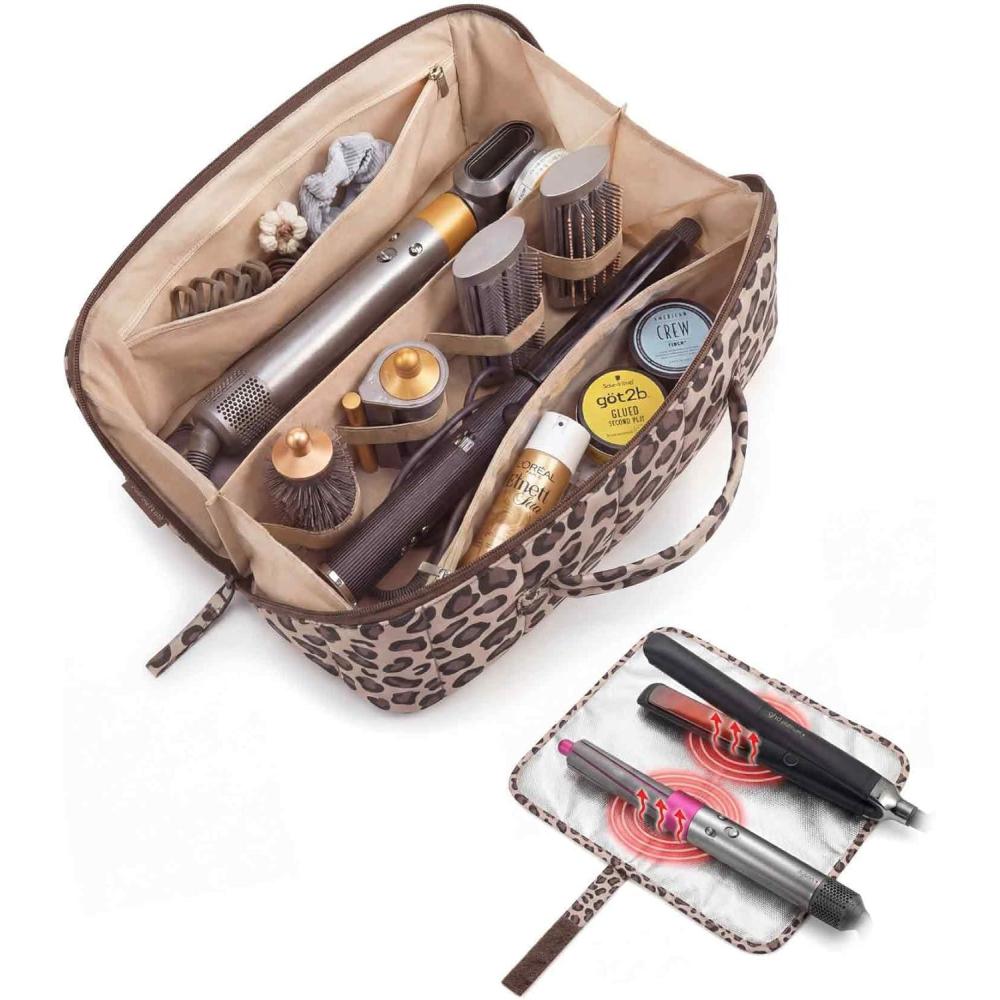 image:imageBAGSMART Hair Tool Organizer Travel Bag Compatible with Dyson Airwrap Shark Hair Dryer Wideopen Accessories Organizer with Heat Resistant Mat Makeup Bag for Dyson Attachments Curling Iron BlackLeopard Print