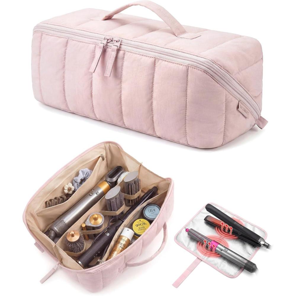 image:imageBAGSMART Hair Tool Organizer Travel Bag Compatible with Dyson Airwrap Shark Hair Dryer Wideopen Accessories Organizer with Heat Resistant Mat Makeup Bag for Dyson Attachments Curling Iron BlackBaby Pink
