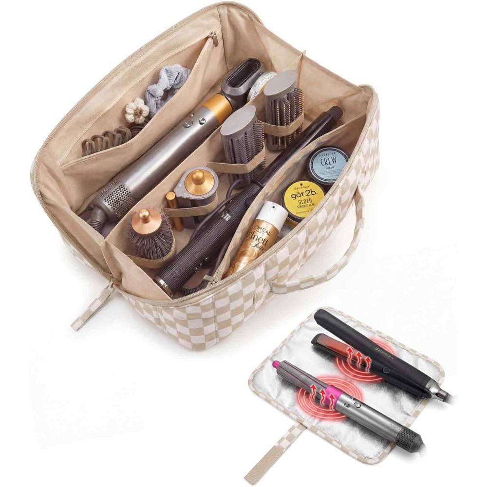 image:imageBAGSMART Hair Tool Organizer Travel Bag Compatible with Dyson Airwrap Shark Hair Dryer Wideopen Accessories Organizer with Heat Resistant Mat Makeup Bag for Dyson Attachments Curling Iron BlackKhaki Brown Checkered Print