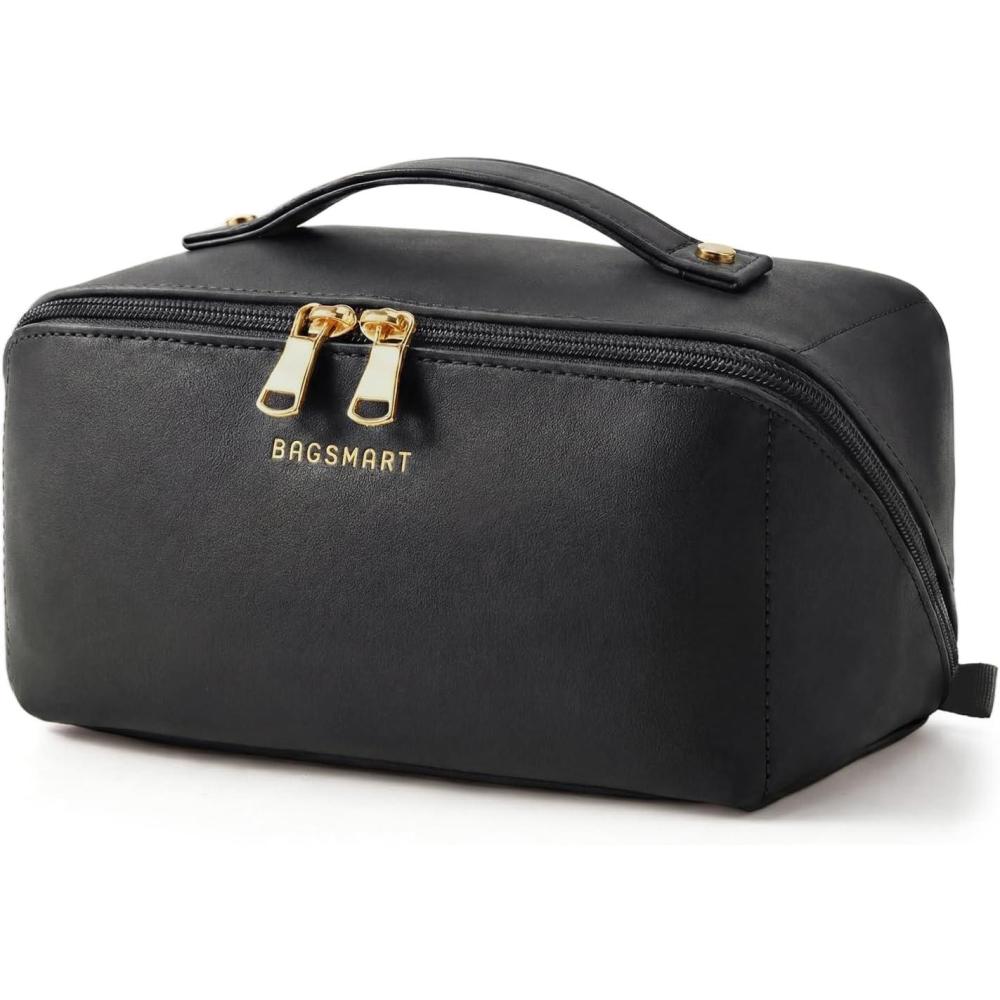image:imageBAGSMART Makeup Bag Travel Cosmetic Bag Large Make Up Bag Flat Open Toiletry Bag for Women PU Leather Travel Essentials Organizer Case Wideopen Pouch Purse for Skincare Brushes Classic Brown02 Black