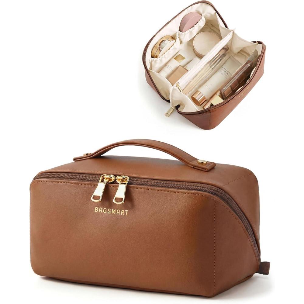 image:imageBAGSMART Makeup Bag Travel Cosmetic Bag Large Make Up Bag Flat Open Toiletry Bag for Women PU Leather Travel Essentials Organizer Case Wideopen Pouch Purse for Skincare Brushes Classic Brown09 Coffee Brown