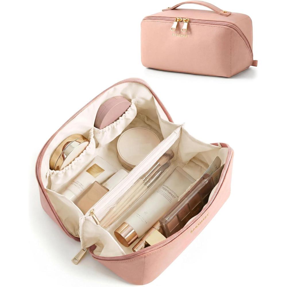 image:imageBAGSMART Makeup Bag Travel Cosmetic Bag Large Make Up Bag Flat Open Toiletry Bag for Women PU Leather Travel Essentials Organizer Case Wideopen Pouch Purse for Skincare Brushes Classic Brown04 Nude Pink