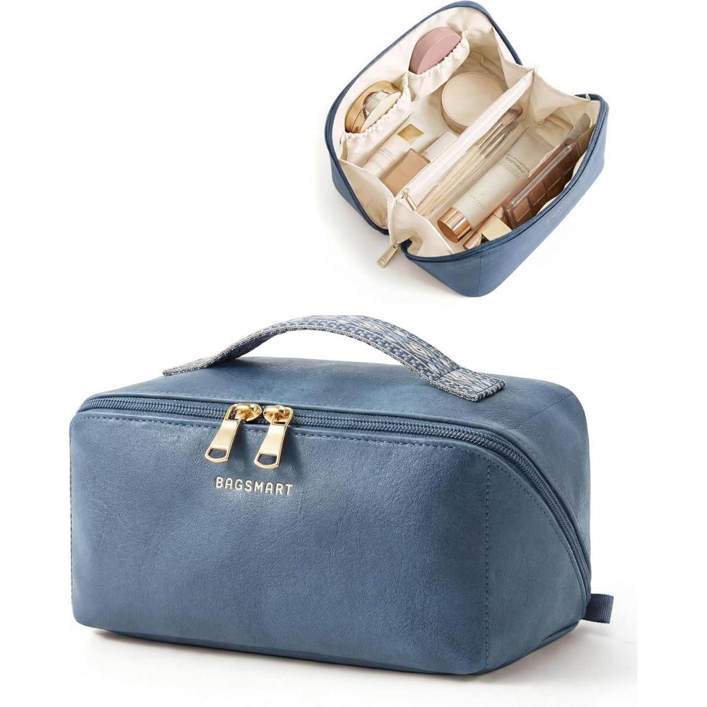 image:imageBAGSMART Makeup Bag Travel Cosmetic Bag Large Make Up Bag Flat Open Toiletry Bag for Women PU Leather Travel Essentials Organizer Case Wideopen Pouch Purse for Skincare Brushes Classic Brown21 Vintage Denim Blue