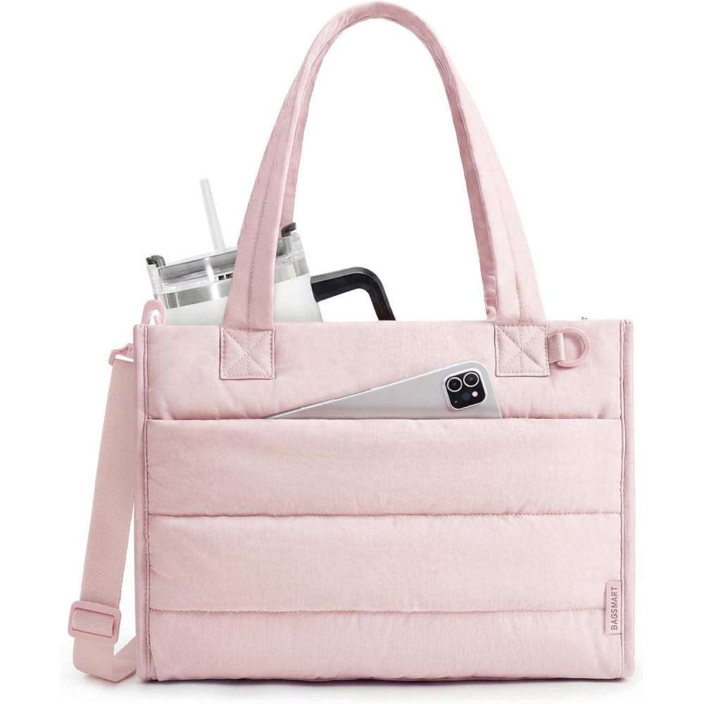 image:imageBAGSMART Small Tote Bag for Women Puffer Quilted Work Tote Bag Zipper Closure for Work Travel College  Small amp mini tote Lightweight 2 sizes crossbody bag 14 laptop bag crossbody bag teacher bag14lpink