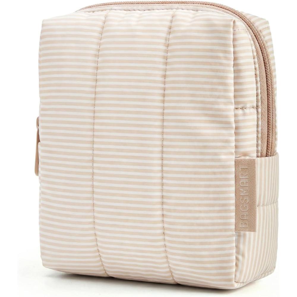 image:imageBAGSMART Small Travel Makeup Bag for Purse Toiletry Pouch Puffy Padded Mini Cosmetics Bag Cute Make Up Pouch for Women with Slipin Pocket Travel Essentials for Toiletries Baby Pink10Khaki Strip