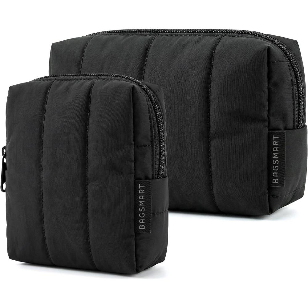 image:imageBAGSMART Small Travel Makeup Bag for Purse Toiletry Pouch Puffy Padded Mini Cosmetics Bag Cute Make Up Pouch for Women with Slipin Pocket Travel Essentials for Toiletries Baby Pink13Black