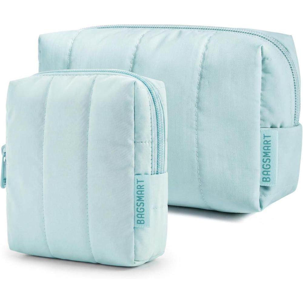 image:imageBAGSMART Small Travel Makeup Bag for Purse Toiletry Pouch Puffy Padded Mini Cosmetics Bag Cute Make Up Pouch for Women with Slipin Pocket Travel Essentials for Toiletries Baby Pink15Blue