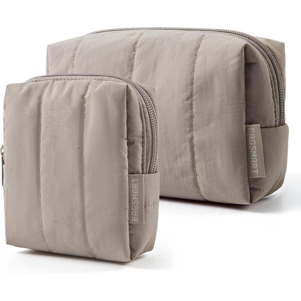 image:imageBAGSMART Small Travel Makeup Bag for Purse Toiletry Pouch Puffy Padded Mini Cosmetics Bag Cute Make Up Pouch for Women with Slipin Pocket Travel Essentials for Toiletries Baby Pink14Brown