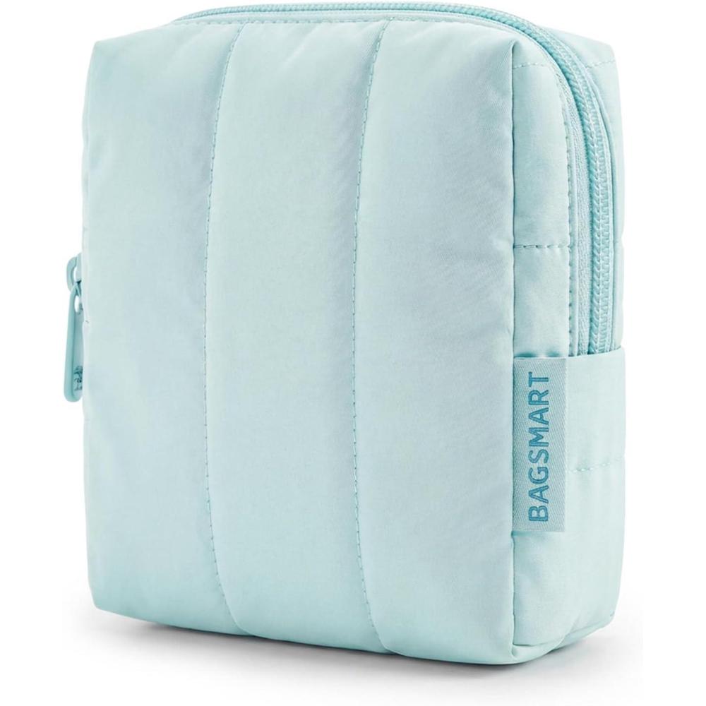 image:imageBAGSMART Small Travel Makeup Bag for Purse Toiletry Pouch Puffy Padded Mini Cosmetics Bag Cute Make Up Pouch for Women with Slipin Pocket Travel Essentials for Toiletries Baby Pink05Blue