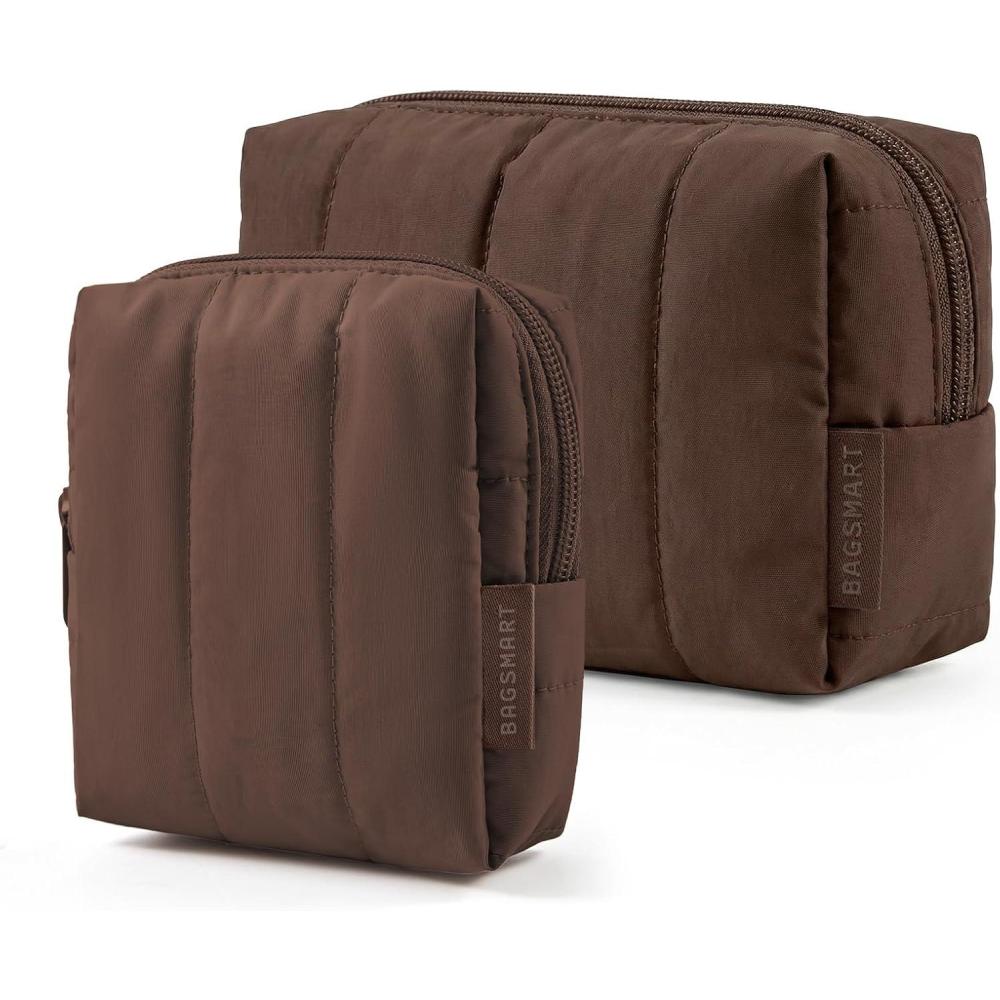 image:imageBAGSMART Small Travel Makeup Bag for Purse Toiletry Pouch Puffy Padded Mini Cosmetics Bag Cute Make Up Pouch for Women with Slipin Pocket Travel Essentials for Toiletries Baby Pink16Chocolate