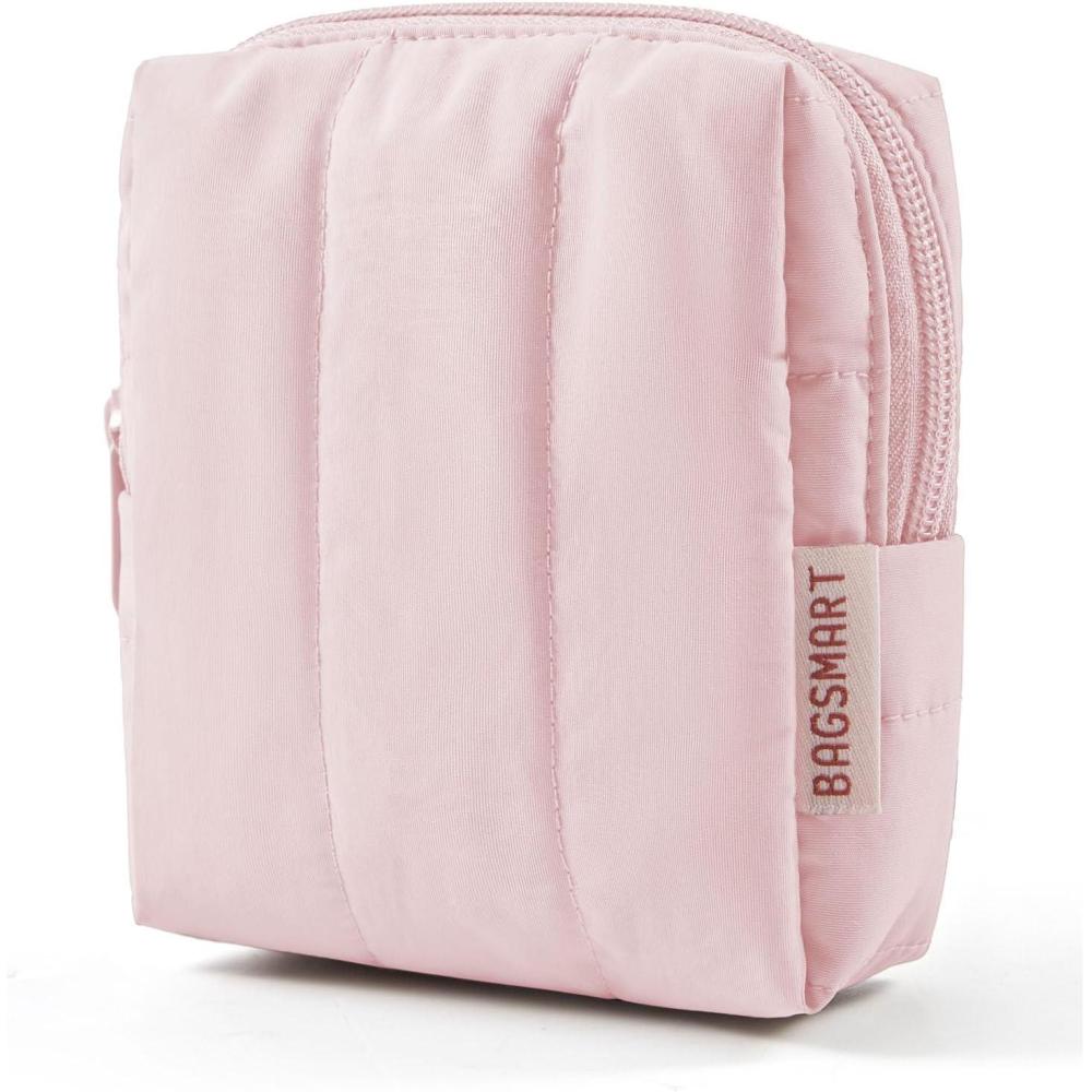 image:imageBAGSMART Small Travel Makeup Bag for Purse Toiletry Pouch Puffy Padded Mini Cosmetics Bag Cute Make Up Pouch for Women with Slipin Pocket Travel Essentials for Toiletries Baby Pink01Baby Pink