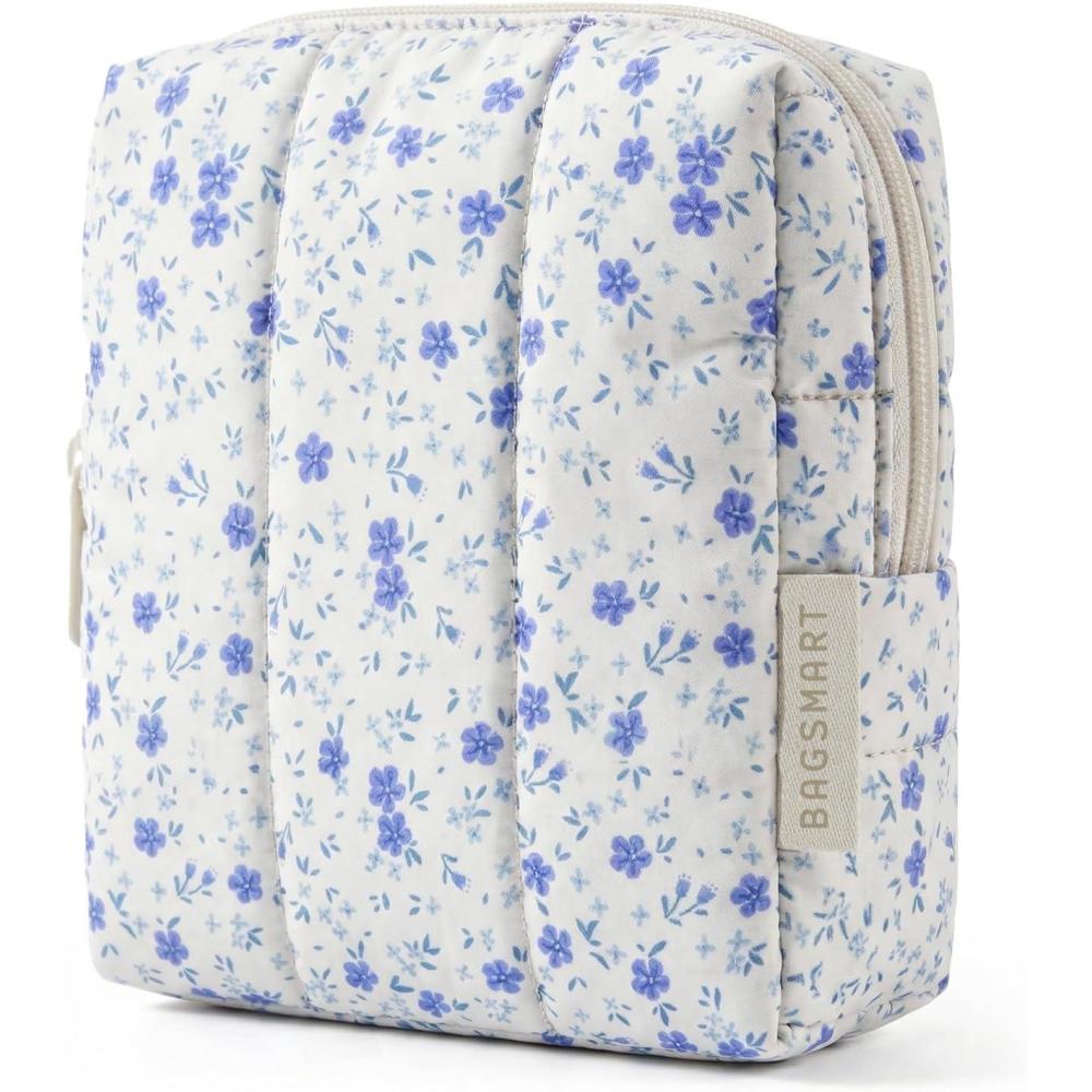 image:imageBAGSMART Small Travel Makeup Bag for Purse Toiletry Pouch Puffy Padded Mini Cosmetics Bag Cute Make Up Pouch for Women with Slipin Pocket Travel Essentials for Toiletries Baby Pink11Blue Ditsy Floral