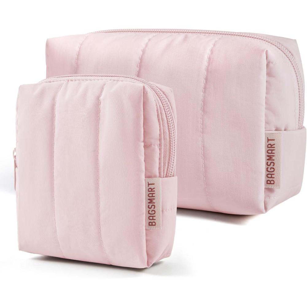 image:imageBAGSMART Small Travel Makeup Bag for Purse Toiletry Pouch Puffy Padded Mini Cosmetics Bag Cute Make Up Pouch for Women with Slipin Pocket Travel Essentials for Toiletries Baby Pink12Baby Pink