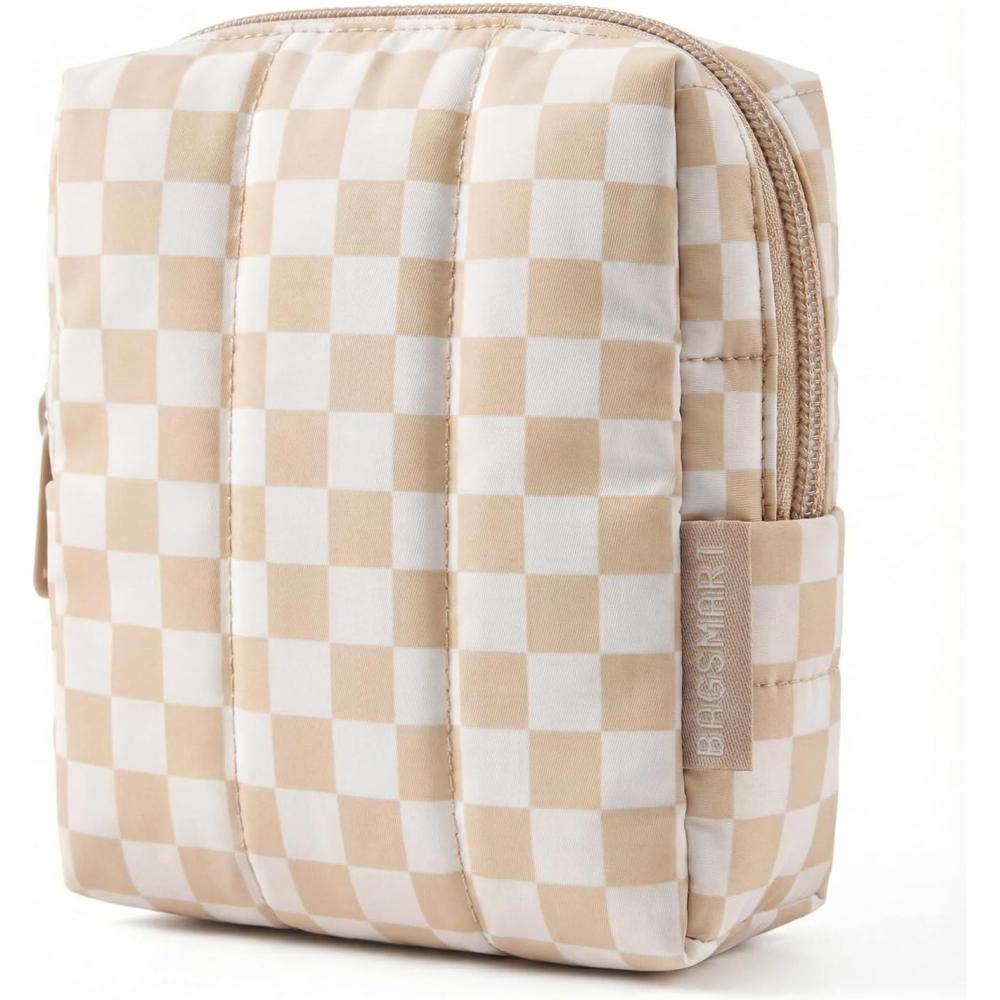 image:imageBAGSMART Small Travel Makeup Bag for Purse Toiletry Pouch Puffy Padded Mini Cosmetics Bag Cute Make Up Pouch for Women with Slipin Pocket Travel Essentials for Toiletries Baby Pink09Checkered Khaki