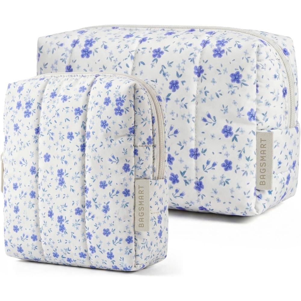 image:imageBAGSMART Small Travel Makeup Bag for Purse Toiletry Pouch Puffy Padded Mini Cosmetics Bag Cute Make Up Pouch for Women with Slipin Pocket Travel Essentials for Toiletries Baby Pink18Blue Ditsy Floral