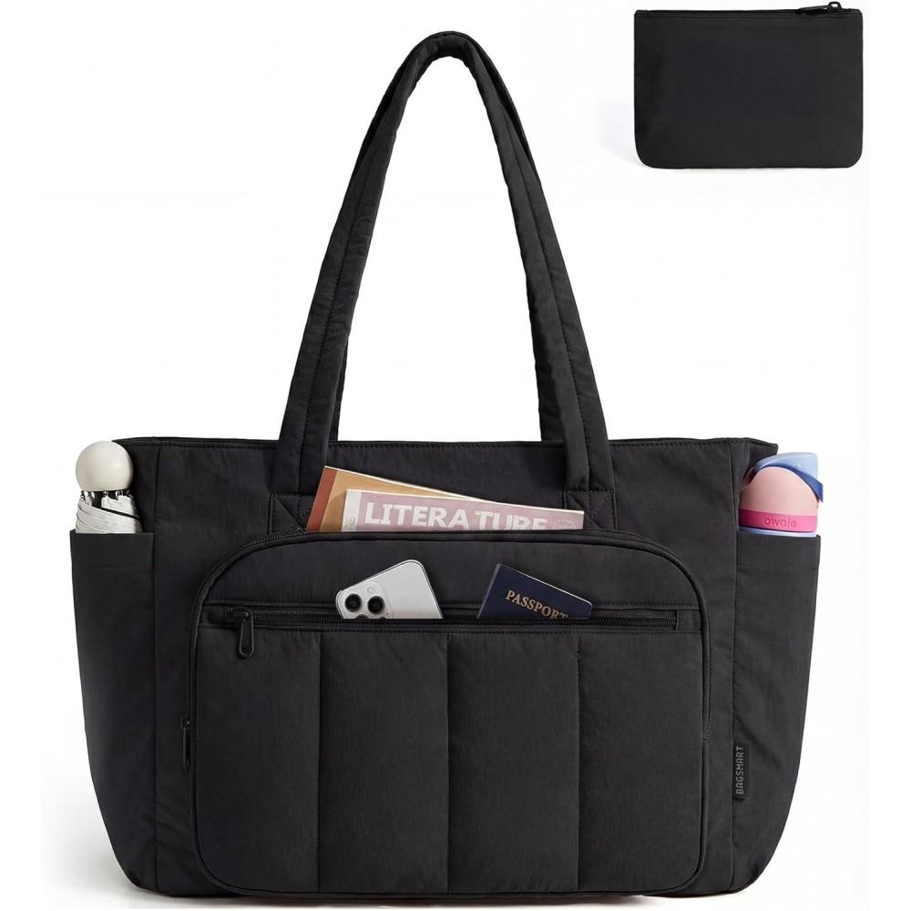 image:imageBAGSMART Tote Bag for Women 2 Set Puffer Tote Bag with Zipper Quilted Nurse Handbags for Work Travel College  20L Capacity 156 Laptop Bag with Cosmetic Bag Carry on Bag Nurse Gym BagBlack