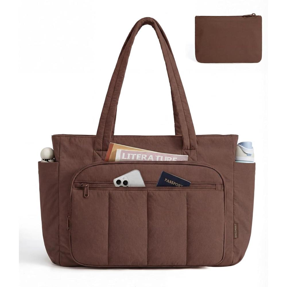 image:imageBAGSMART Tote Bag for Women 2 Set Puffer Tote Bag with Zipper Quilted Nurse Handbags for Work Travel College  20L Capacity 156 Laptop Bag with Cosmetic Bag Carry on Bag Nurse Gym BagChocolate