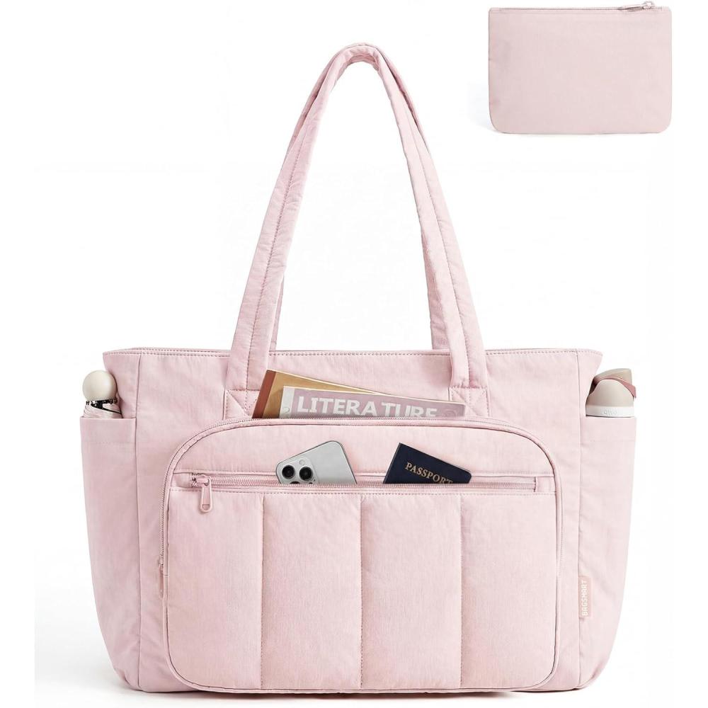 image:imageBAGSMART Tote Bag for Women 2 Set Puffer Tote Bag with Zipper Quilted Nurse Handbags for Work Travel College  20L Capacity 156 Laptop Bag with Cosmetic Bag Carry on Bag Nurse Gym BagPink