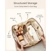 BAGSMART Makeup Bag Travel Cosmetic Bag, Large Make Up Bag Flat Open Toiletry Bag for Women, PU Leather Travel Essentials Organizer Case, Wide-open Pouch Purse for Skincare, Brushes, Classic Brown(10- Cream Beige)