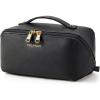 BAGSMART Makeup Bag Travel Cosmetic Bag, Large Make Up Bag Flat Open Toiletry Bag for Women, PU Leather Travel Essentials Organizer Case, Wide-open Pouch Purse for Skincare, Brushes, Classic Brown(02- Black)