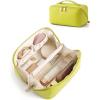 BAGSMART Makeup Bag Travel Cosmetic Bag, Large Make Up Bag Flat Open Toiletry Bag for Women, PU Leather Travel Essentials Organizer Case, Wide-open Pouch Purse for Skincare, Brushes, Classic Brown(18- Light Green)